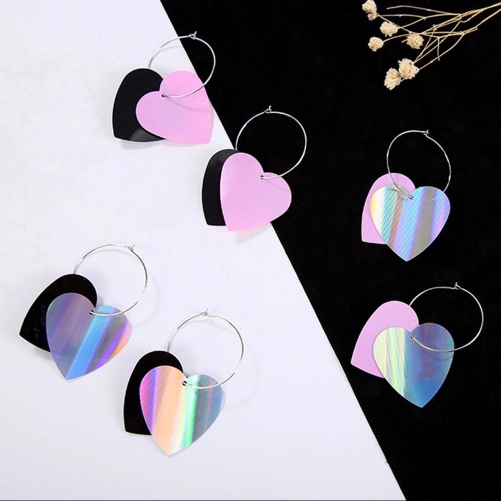Heart Earrings Holo Holographic Black Pink